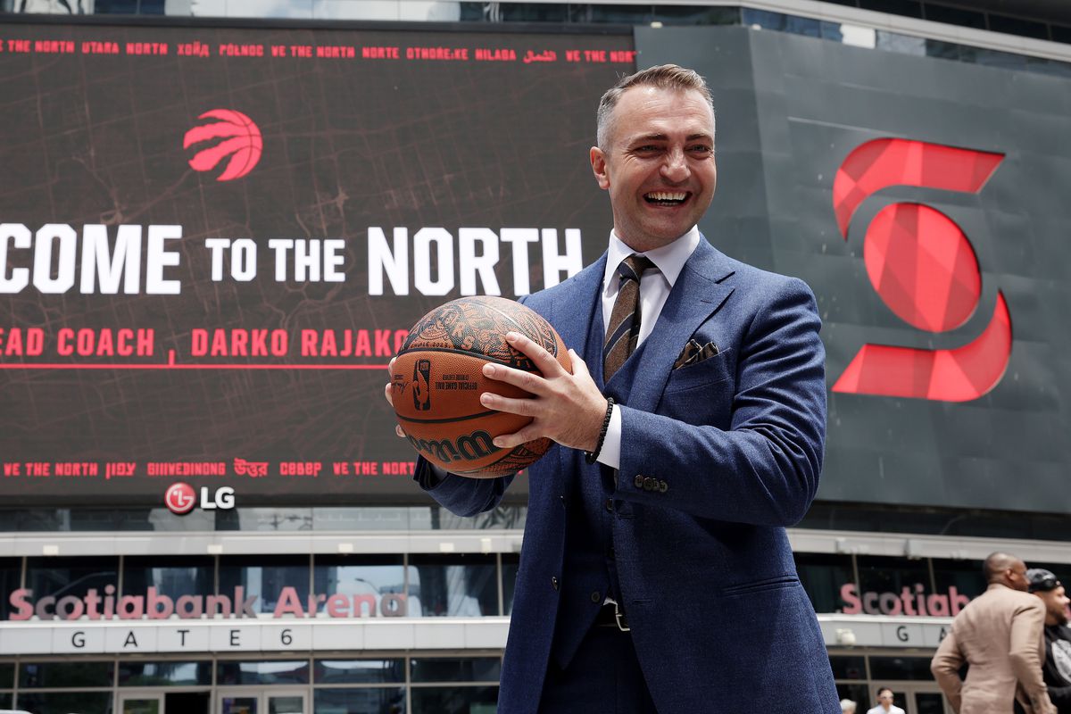 Toronto Raptors new head coach Darko Rajakovic holding a basketball outside Scotiabank Arena in Toronto