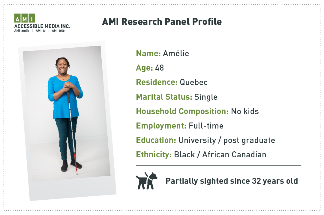 Profile card for Amélie: 48 years old from Quebec, single with no kids, full-time employment, university/post graduate education, Black/African Canadian ethnicity. Partially sighted since 32 years old.