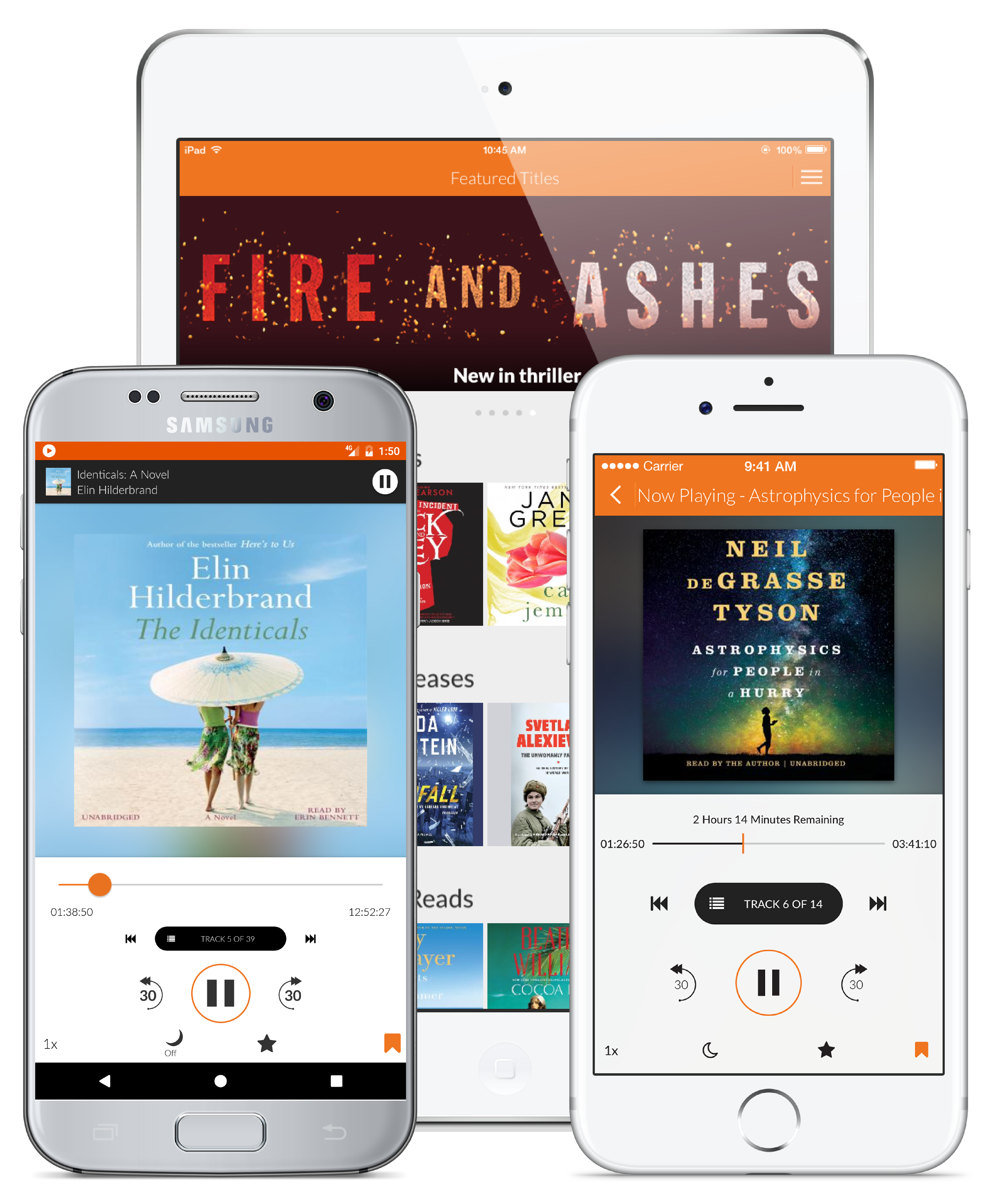 Audiobooks.com displayed on different mobile and tablet devices 