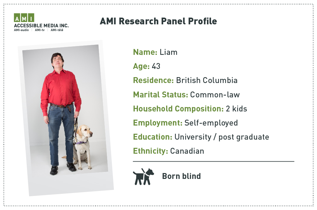 Profile card for Liam: 43 years old from British Columbia, common-law with two kids, self-employed, university/post graduate education, Canadian ethnicity. Born blind.