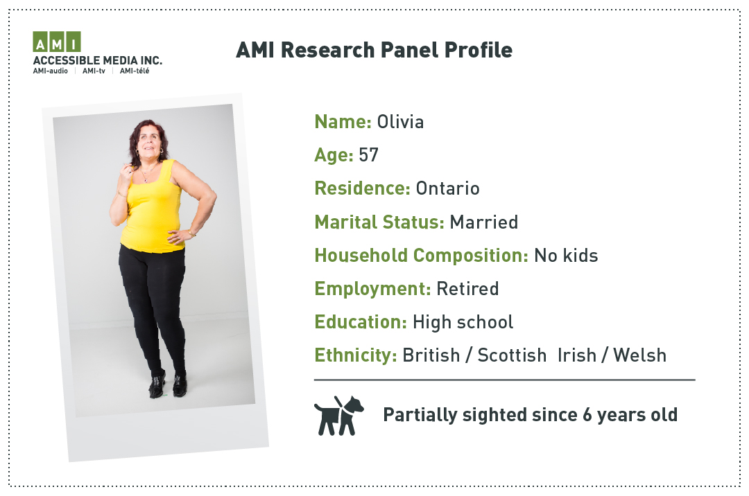 Profile card for Olivia: 57 years old from Ontario, married with no kids, retired, high school education, British/Scottish Irish/Welsh ethnicity. Partially sighted since six years old.