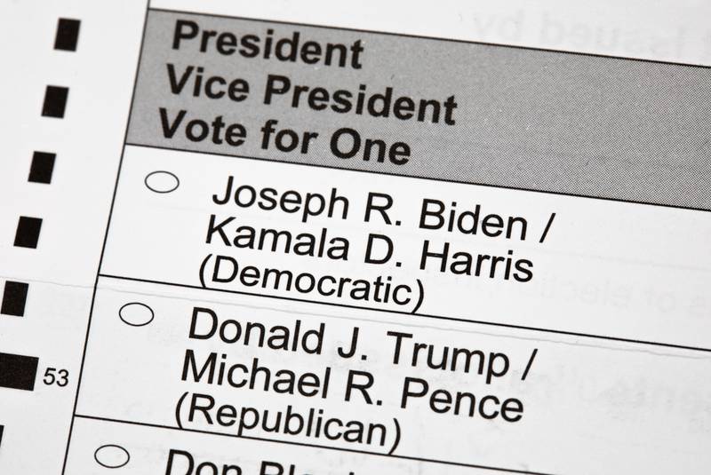 Partial image of an unmarked Presidential ballot displaying the options of “Joseph R. Biden/Kamala D. Harris (Democratic)” and “Donald J. Trump/Michael R. Pence (Republican)” 