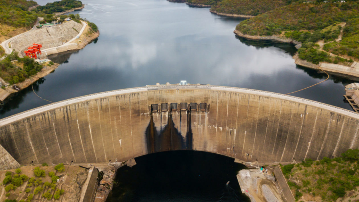 Cracks and deterioration on the siding of the 420-foot-high Kariba Dam on the Zambezi River in Southern Africa.