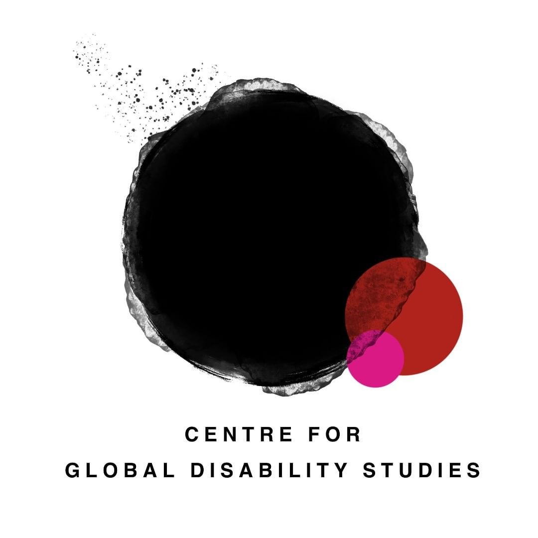 Three water colours circles: one large black circle, with a medium red circle and a small pink circle. Underneath reads "Centre for Global Disability Studies."