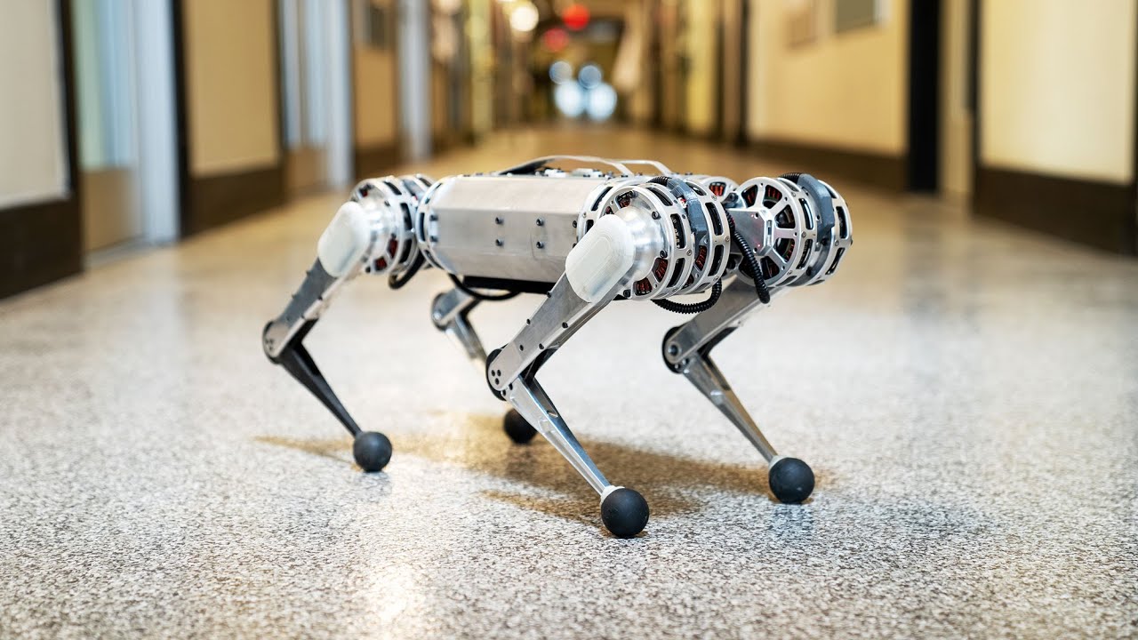 A four-legged dog-like metal robot without a head and with various sensors and camera on it.