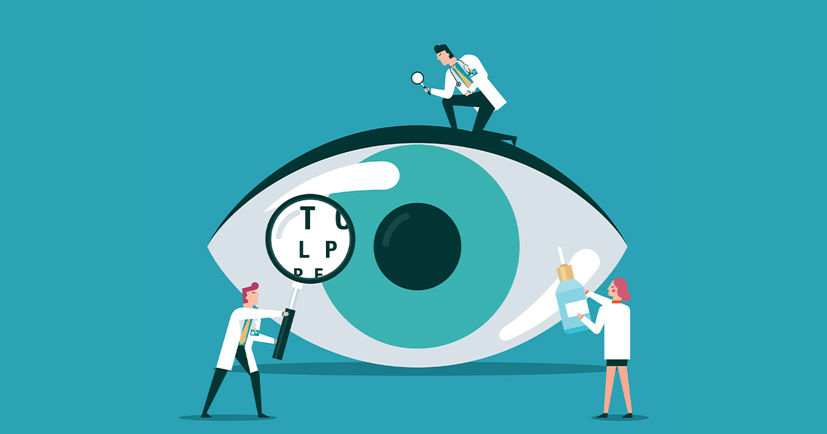 A drawing of 3 doctors examining an eye