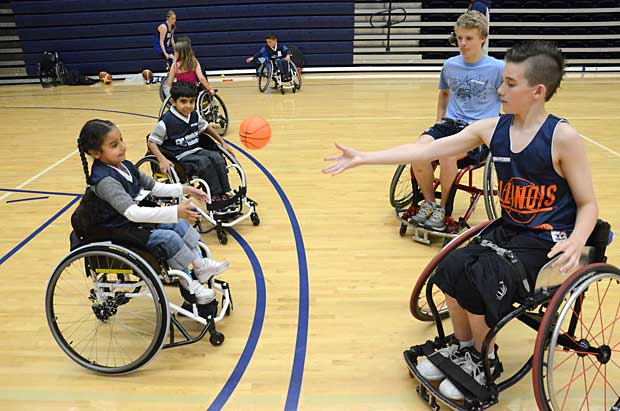 Kids in wheelchairs playing basketball