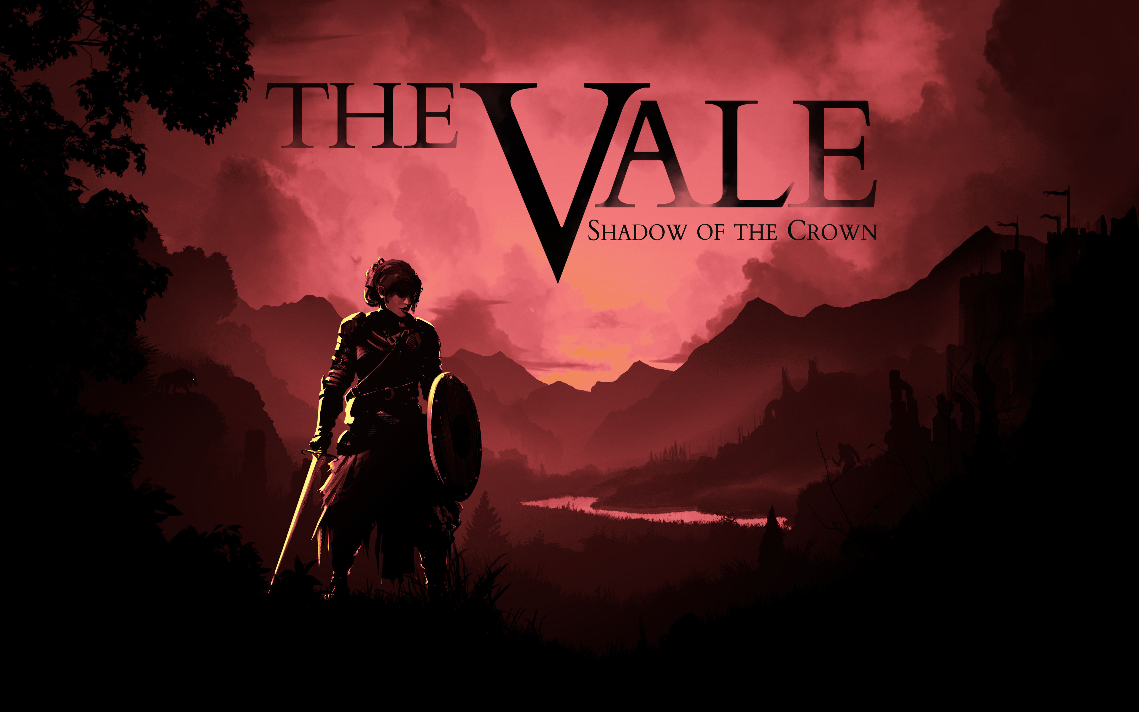 a poster of the Vale game: A shadowy landscape filled with an ominous red haze fills the image. A shadowy figure stands defiantly overlooking a valley shrouded in the mist.