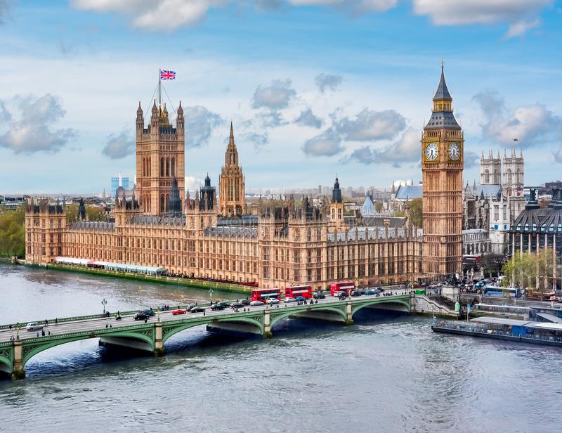 An arial shot of Westminster Bridge with Big Ben and the UK Houses of Parliment in the background