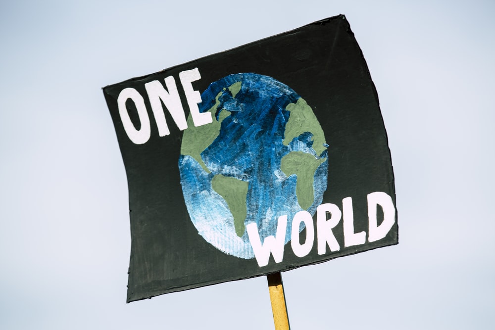 A sign is held up in focus. painted on a black board is a depiction of the earth with the words "One world" in bold white lettering contrasting the black background.