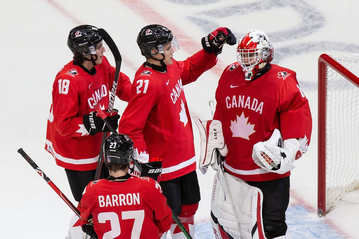 Team Canada world juniors celebrating after winning a game