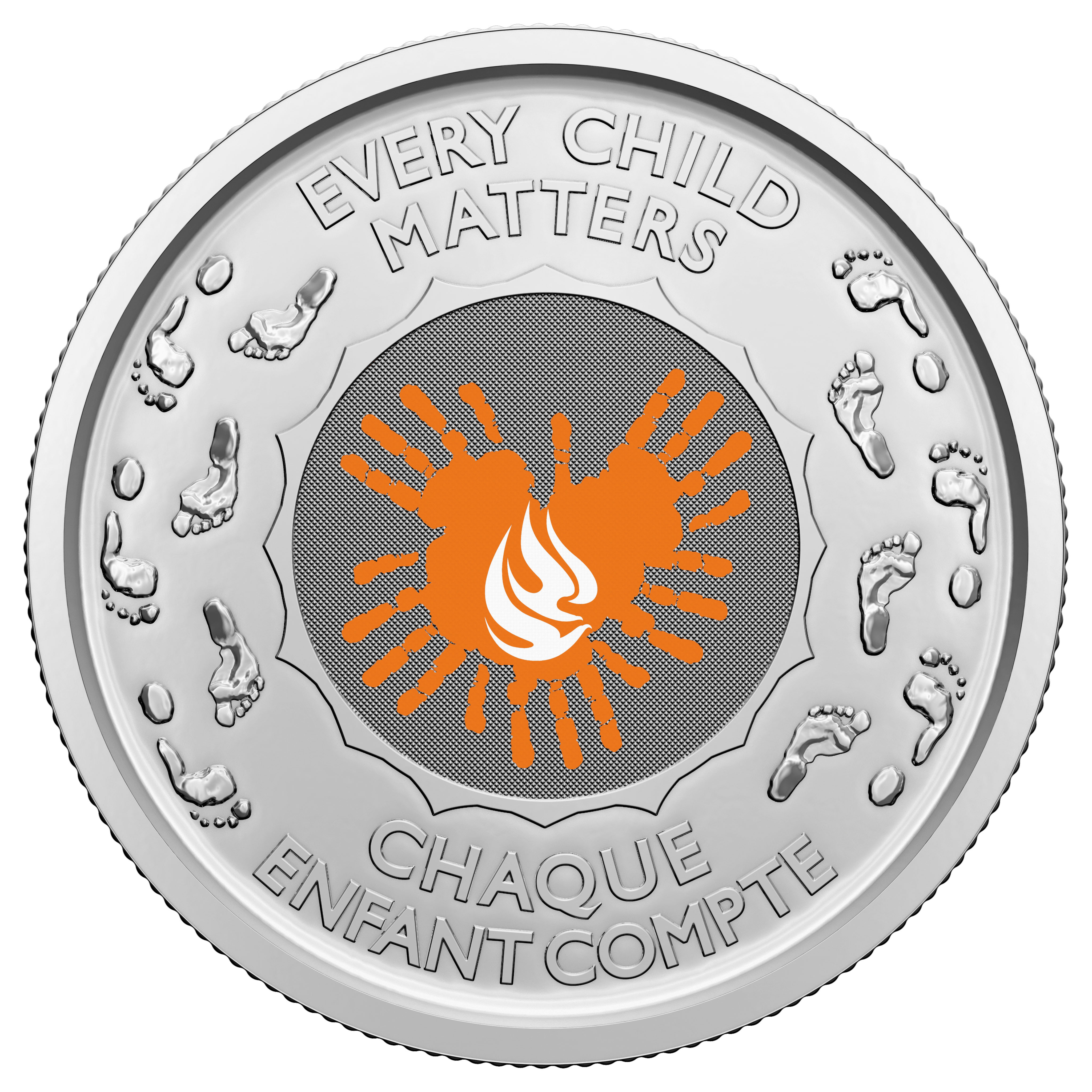 A coin with engraved footprints encircling orange handprints with a flame in their center. Both english and french text reads "every child matters". 