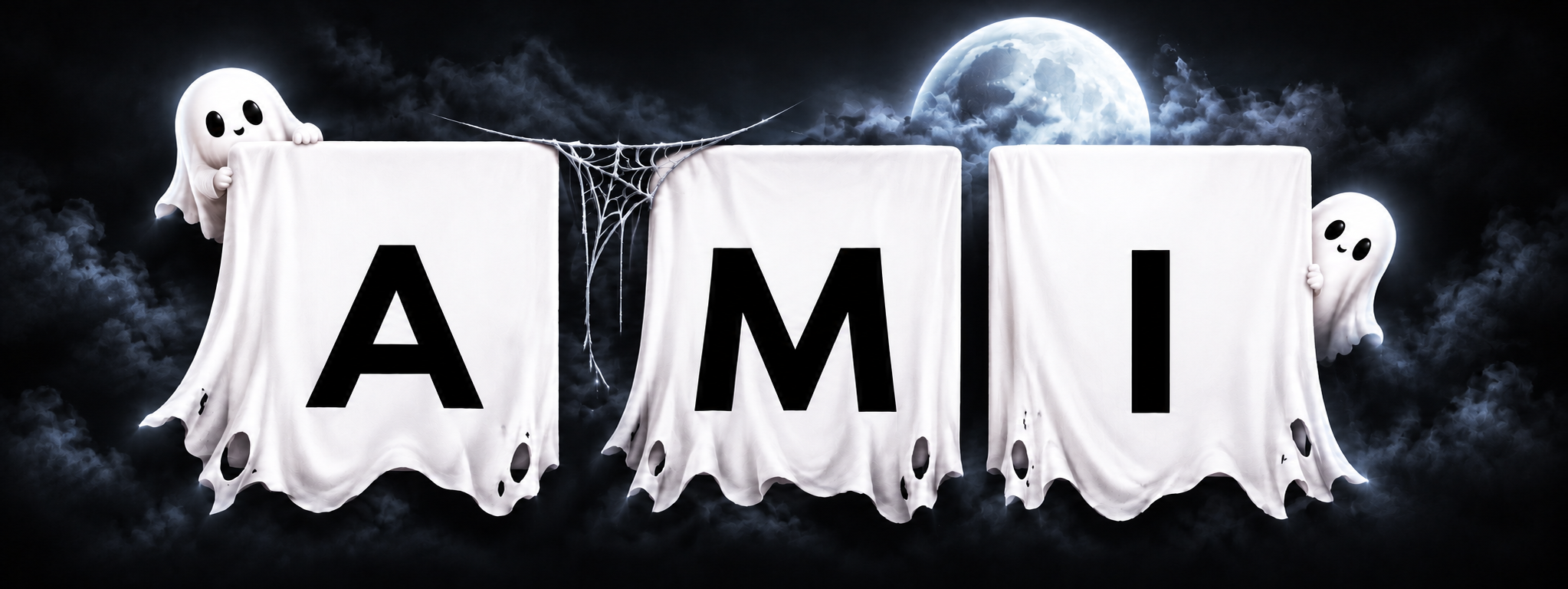 Halloween AMI logo with white sheets, smiling ghosts, a cobweb, and a full moon against a dark, foggy background.