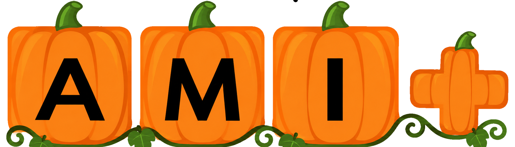 AMI+ logo featuring three large orange pumpkins with bold black letters spelling “AMI,” followed by a smaller pumpkin-shaped plu