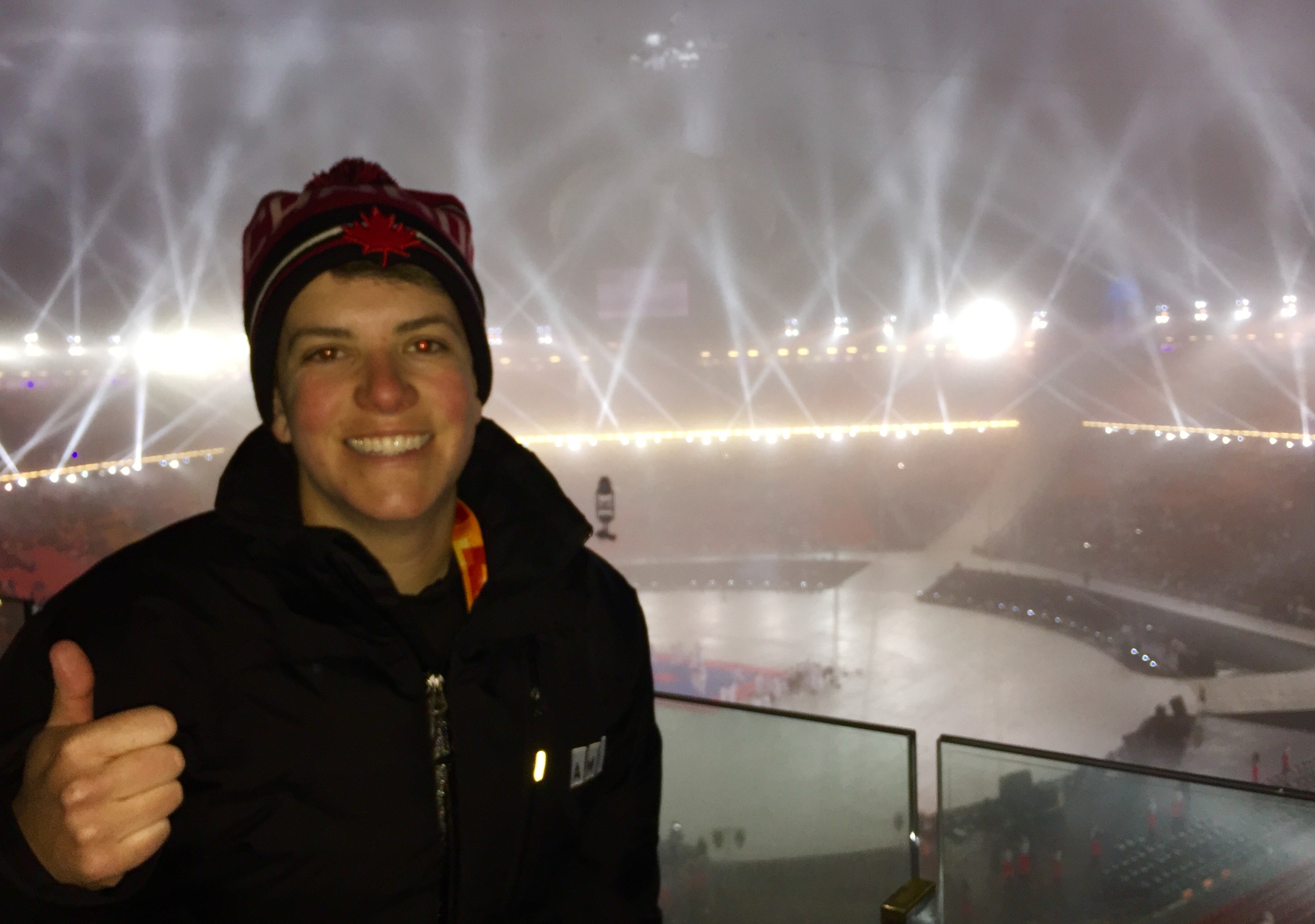 Em Harding giving a thumbs up and a big smile overlooking the pre-show of the PyeongChang 2018 Paralympic Opening Ceremony.