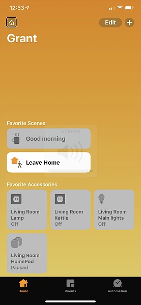 An screen capture of an iPhone screen showing Eve room settings