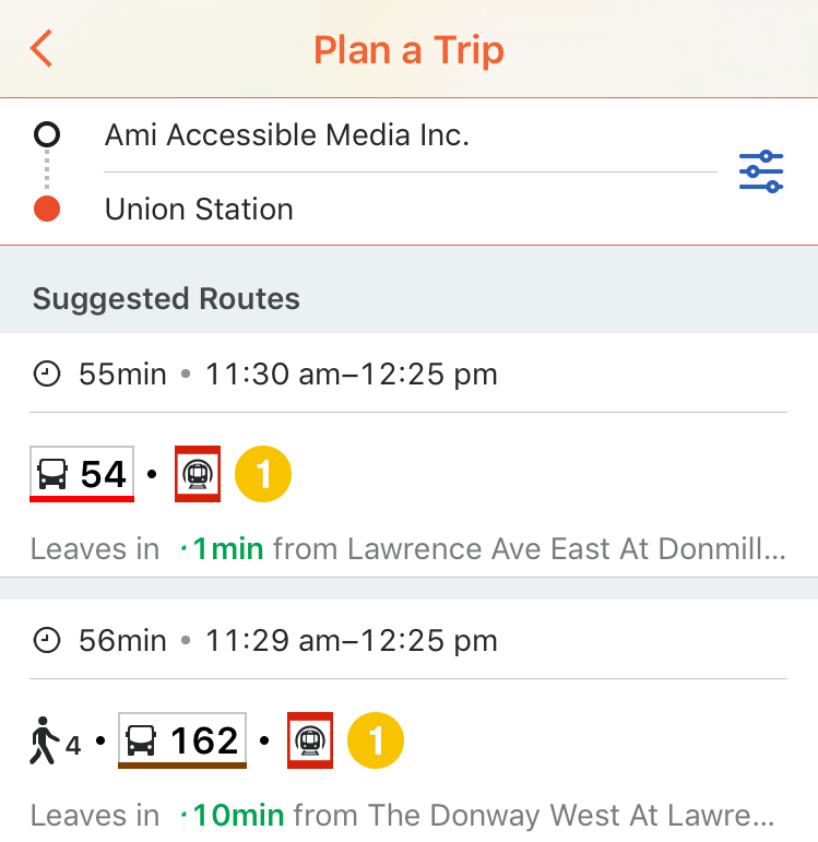 Image showing a screenshot of the Moovit app. The Plan a Trip tool is displayed using the sample trip of AMI's head office to Union Station in Toronto. Travel times are listed below.